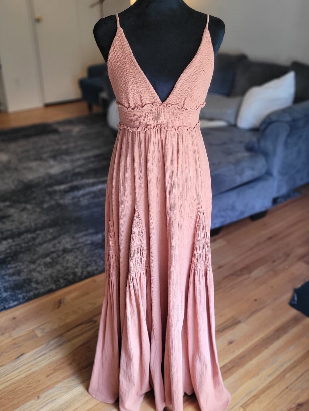 Free People Heat Haze Maxi dress Apricot Peach Brown V-Neck Smocked Size XS Boho - Picture 7 of 16